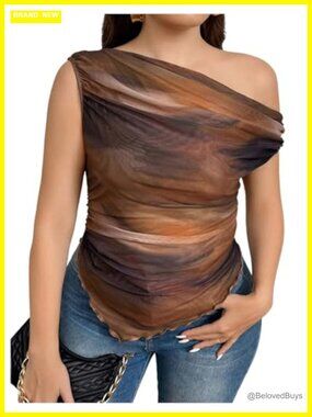 Women's Plus Size One Shoulder Mesh Top Ruched Asymmetrical Tee